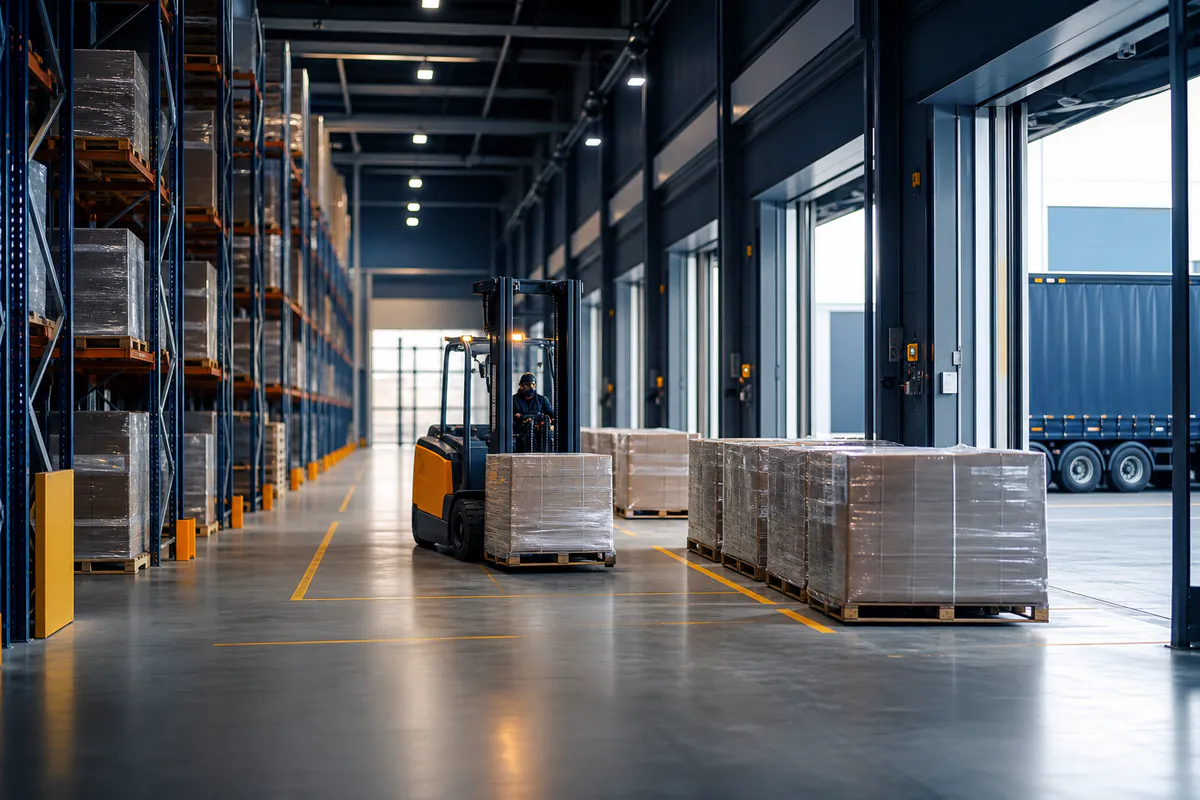 Modern depoda raf sistemleri, forklift ve sevkiyata hazırlanan paletler