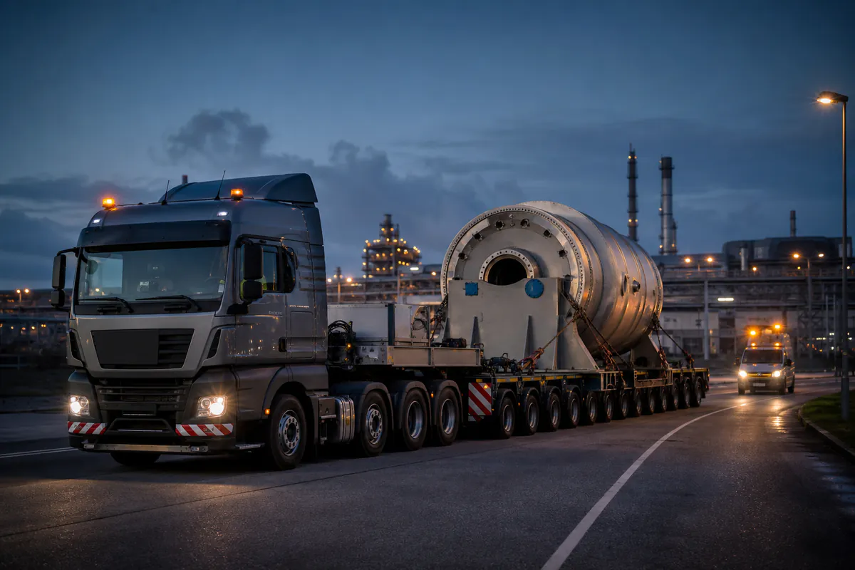 Lowbed üzerinde endüstriyel ekipman taşıyan profesyonel ağır nakliye aracı